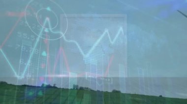 Rüzgar türbini üzerinde finansal veri işleme animasyonu. Küresel iş, finans ve dijital arayüz kavramı dijital olarak oluşturulmuş video.
