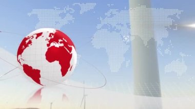 Rüzgâr türbini üzerinde işlenen dünya haritası ve dünya haritasının animasyonu. küresel yeşil enerji, çevre, sürdürülebilirlik ve veri işleme kavramı dijital olarak oluşturulmuş video.