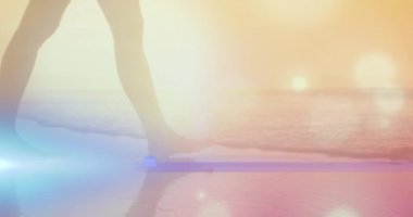 Plajdaki beyaz kadın üzerinde ışık lekeleri. Küresel iş ve dijital arayüz kavramı dijital olarak oluşturulmuş video.