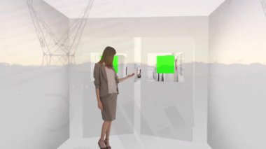 Ofisteki çeşitli iş adamları üzerinde veri işleme animasyonu. Dijital olarak oluşturulmuş küresel iletişim, bilgisayar ve dijital arayüz kavramı.