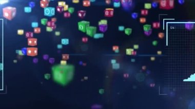 Donanma arkaplanındaki renkli simgelerle kullanıcı fotoğraflarının animasyonu. Küresel finans, ekonomi, ağ, sosyal medya ve teknoloji konsepti dijital olarak oluşturulmuş video.