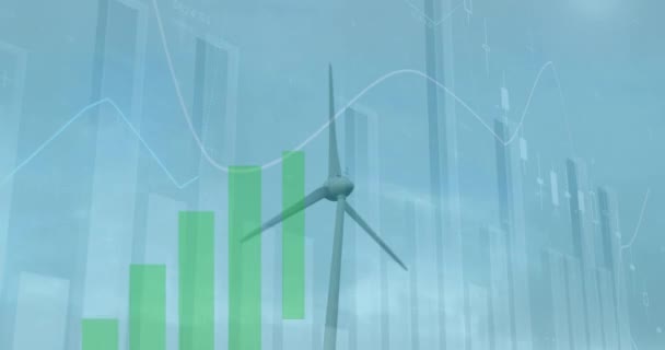 Анімація Фінансових Графіків Над Вітровою Турбіною Зелена Енергетика Економічна Енергетика — стокове відео