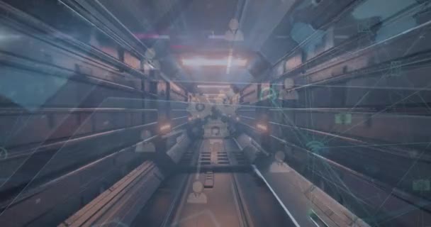 Globos Ícones Digitais Rede Ícones Digitais Sobre Neon Brilhante Túnel — Vídeo de Stock