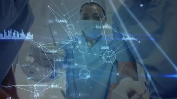 Animation Data Processing Diverse Doctors Face Mask Global Medicine Digital — Stock Video