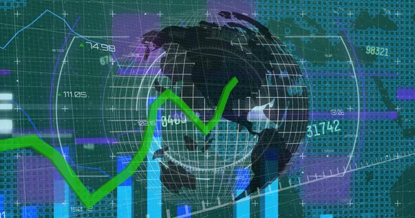 Image of financial data and graphs over globe rotating on green background. global business, finance, economy, technology and digital interface concept digitally generated image.