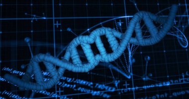 Siyah arka planda DNA ipliği ve veri işleme resmi. küresel bilim ve dijital arayüz kavramı dijital olarak oluşturulmuş görüntü.
