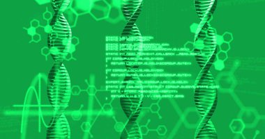 Yeşil arka planda DNA ipliği ve veri işleme resmi. küresel bilim ve dijital arayüz kavramı dijital olarak oluşturulmuş görüntü.