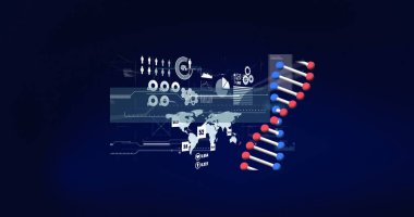 Karanlık arkaplan üzerinde veri işleme ile dijital arayüzün resmi. küresel bağlantılar, dijital arayüz, teknoloji ve ağ konsepti dijital olarak oluşturulmuş görüntü.