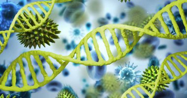 Beyaz arka planda DNA iplikleri ve virüs hücrelerinin resmi. küresel bilim ve dijital arayüz kavramı dijital olarak oluşturulmuş görüntü.