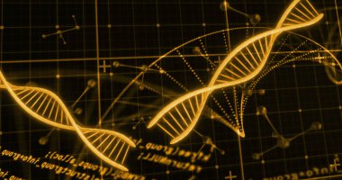 Siyah arka planda DNA ipliği ve veri işleme resmi. küresel bilim ve dijital arayüz kavramı dijital olarak oluşturulmuş görüntü.