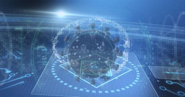 Kapsam taraması ve beyin üzerinde virüs hücresi görüntüsü. küresel iş, finans, bağlantılar ve dijital arayüz konsepti dijital olarak oluşturulmuş görüntü.