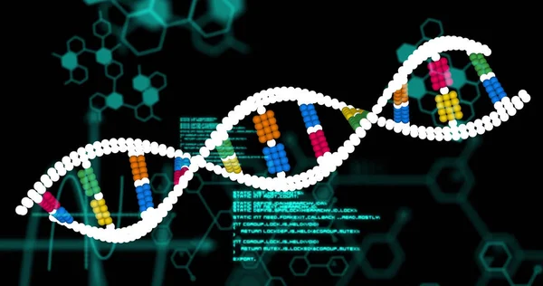 Bild Von Dna Strang Und Datenverarbeitung Auf Schwarzem Hintergrund Globale — Stockfoto