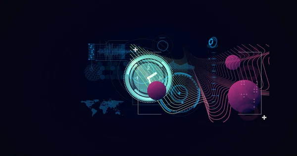 Image of digital interface with clock over dark background. global connections, digital interface, technology and networking concept digitally generated image.