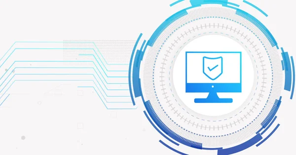 Image of network of connections and computer with shield on white background. cyber security and digital interface concept digitally generated image.