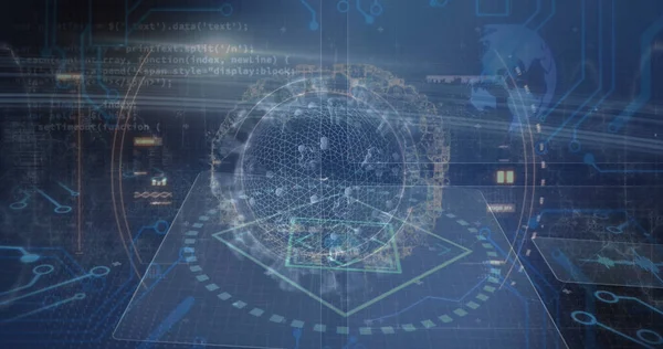 Image of scope scanning and virus cell over data processing. global business, finances, connections and digital interface concept digitally generated image.