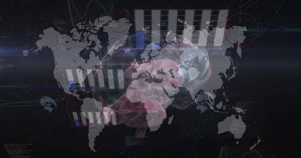 Image of data processing over world map. global business, finances connections and data processing concept digitally generated image.