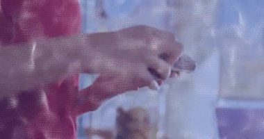 Ödeme terminalini kullanan insanlar üzerinde finansal veri işleme animasyonu. Küresel iş, finans, dijital arayüz ve bağlantılar konsepti dijital olarak oluşturulmuş video.