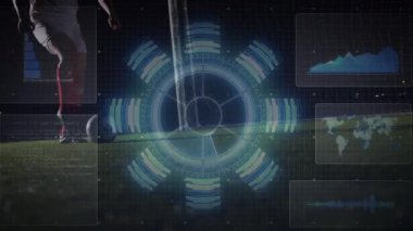 Kafkas erkek futbolcu üzerinde veri işleme animasyonu. Küresel spor ve dijital arayüz kavramı dijital olarak oluşturulmuş video.