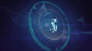 Donanma arka planında 5G, daire, bağlantılar, şekiller ve kürenin animasyonu. Bilgisayarlar, ağ, veri işleme ve teknoloji konsepti dijital olarak oluşturulmuş video.