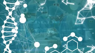 Çeşitli cerrahlar üzerinde DNA ipliği ve kimyasal formülün animasyonu. Küresel tıp, bilgisayar ve dijital arayüz kavramı dijital olarak oluşturulmuş video.