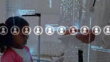 Kafkas erkek doktor ve kız çocuğunun veri işleme animasyonu. Sağlık, tıp, veri işleme ve teknoloji konsepti dijital olarak oluşturulmuş video.