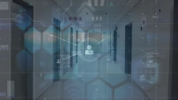 Rede Ícones Perfil Processamento Dados Contra Corredor Hospitalar Vazio Conceito — Vídeo de Stock