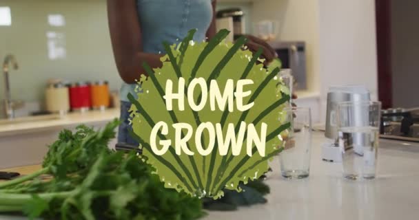 Animación Texto Cultivado Casa Deja Mujer Afroamericana Feliz Cocinando Ecología — Vídeo de stock