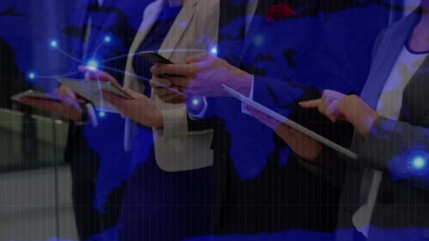 Light Trails World Map Mid Section Businesspeople Using Electronic Devices — 비디오