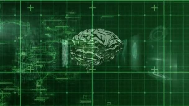 Мережа Ґратки Над Обертанням Людського Мозку Проти Декількох Екранів Обробкою — стокове відео