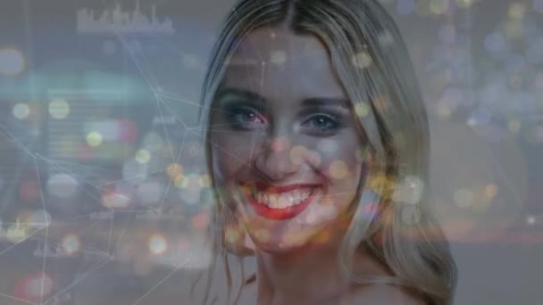 Animação Rede Conexões Com Processamento Dados Manchas Luz Sobre Mulher — Vídeo de Stock