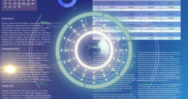 Bilimsel grafik ve veri üzerinde çember işleme ve ışığı hareket ettirme görüntüsü. küresel bilim, bağlantılar ve dijital arayüz konsepti dijital olarak oluşturulmuş görüntü.