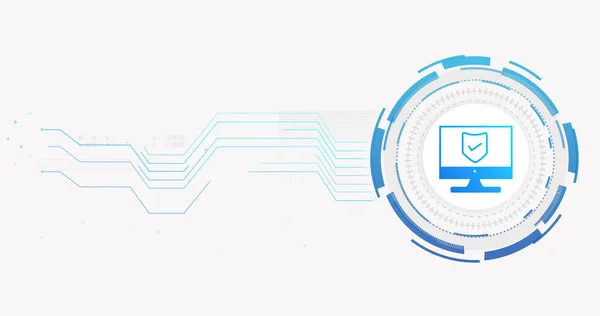 Image of network of connections and computer with shield on white background. cyber security and digital interface concept digitally generated image.