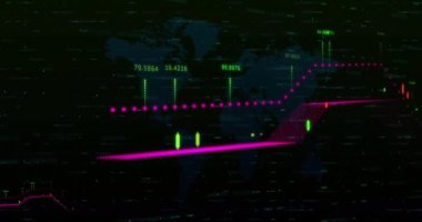 Finansal veri işlemenin dijital animasyonu dünya haritasında siyah arkaplanla karşılaştırılıyor. küresel finans ve teknoloji kavramı