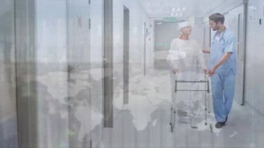Kafkas erkek doktor ve kadın hastanın hastane koridorunda yürüdüğü dünya haritasının animasyonu. Sağlık, tıp ve teknoloji konsepti dijital olarak üretilen video.