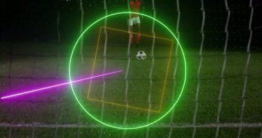 Afro-Amerikan erkek futbolcu üzerinde neon şekillerin canlandırılması. global spor ve dijital arayüz konsepti dijital olarak oluşturulmuş video.