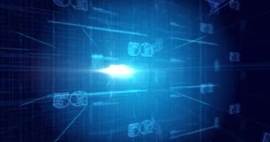 Mavi işlemci soketi üzerinde parlayan turuncu 5g metin animasyonu. Küresel bilim, bağlantılar, veri işleme ve dijital arayüz kavramı dijital olarak oluşturulmuş video.
