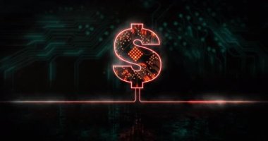 Mavi işlemci soketinin üzerinde parlayan turuncu dolar işareti. Küresel bilim, bağlantılar, veri işleme ve dijital arayüz kavramı dijital olarak oluşturulmuş video.