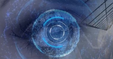 Beyaz bir kadının gözünden geniş çaplı tarama, küre ve ağ bağlantılarının animasyonu. Küresel iş ve dijital arayüz kavramı dijital olarak oluşturulmuş video.