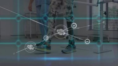 Network of digital icons over caucasian female patient with prosthetic leg walking with male doctor. Medical healthcare and technology concept