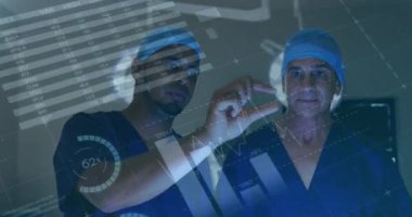 Animation of financial data processing over two diverse doctors. Global medicine, technology, data processing and digital interface concept digitally generated video.