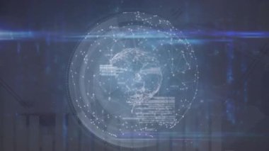 Mavi arkaplanda veri işleme animasyonu. küresel iş ve dijital arayüz kavramı dijital olarak oluşturulmuş video.