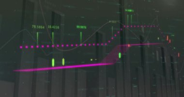 Gri arkaplandaki dünya haritasında istatistiksel ve finansal veri işlemenin dijital animasyonu. Küresel finans ve teknoloji kavramı