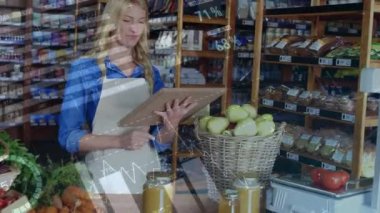 Kafkasyalı tezgahtar üzerinden finansal veri işleme animasyonu. Küresel perakende, finans ve dijital arayüz kavramı dijital olarak oluşturulmuş video.