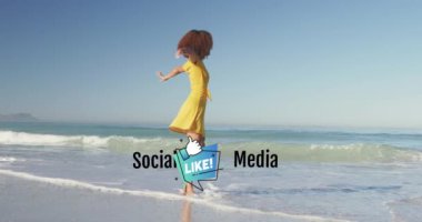 Sosyal medyanın animasyonu ve mutlu Afro-Amerikan kadınlarının sahilde eğlenmesi ikonu gibi. Tatiller, tatiller, sosyal medya ve teknoloji konsepti dijital olarak oluşturulmuş video.