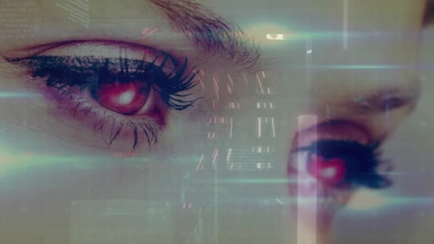 Mancha Azul Luz Contra Perto Olhos Femininos Conceito Tecnologia Segurança — Vídeo de Stock
