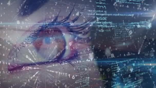 Screens Data Processing Multiple Changing Numbers Close Female Eye Biometric — ストック動画