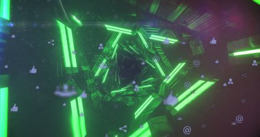 Parlayan neon şekiller üzerinde bağlantılar ve simgelerden oluşan bir dünya görüntüsü. küresel bağlantılar, iş ve veri işleme kavramı dijital olarak oluşturulmuş görüntü.