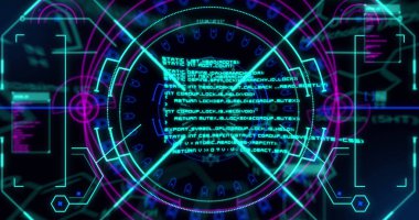 Siyah arkaplanda tarama ve veri işleme görüntüsü. küresel iş ve dijital arayüz kavramı dijital olarak oluşturulmuş görüntü.