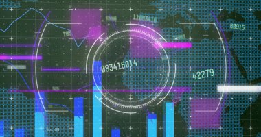 Dijital uzayda dünya haritasıyla veri işleme sisteminde arıza. veri işleme, teknoloji ve dijital arayüz kavramı dijital olarak oluşturulmuş görüntü.