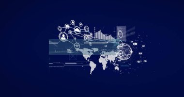 Karanlık arkaplan üzerinde veri işleme ile dijital arayüzün resmi. küresel bağlantılar, dijital arayüz, teknoloji ve ağ konsepti dijital olarak oluşturulmuş görüntü.